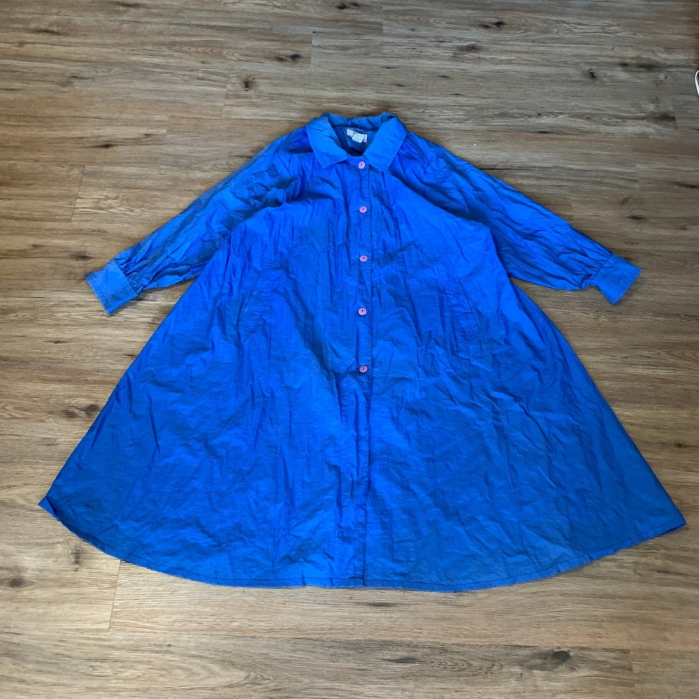 Vintage 80s Bridgegate Royal Blue Nylon Button Front Flared Duster Coat Jacket
